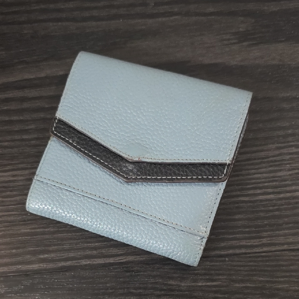 Light Blue Pebbled Leather Bifold Wallet with Dark Trim